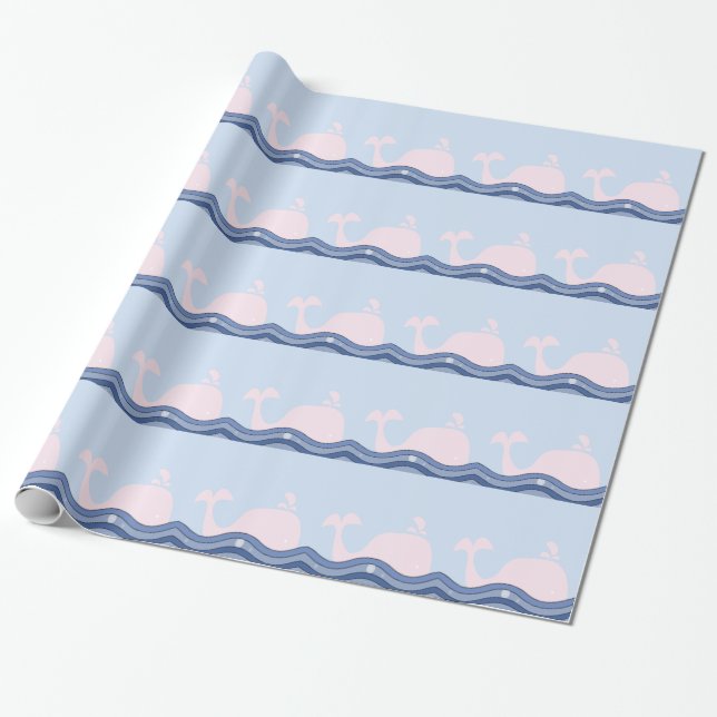 Papier Cadeau Baleine Rose et Bleu Marine (Déroulé)