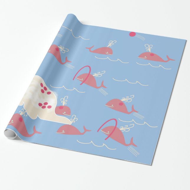 Papier Cadeau Baleine rose jouant dans l'océan bleu enfants mign (Déroulé)