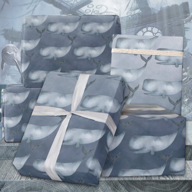 Papier Cadeau Baleines Bleues Sous L'Aquarelle Profonde De L'Océ (Blue Whales Under The Deep Blue Ocean Watercolor Kids & Adults Gift Wrapping Paper Rolls)