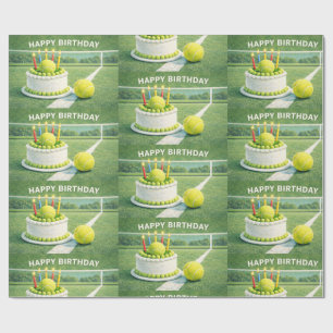 Papier Cadeau Balle de tennis avec joyeux anniversaire et gâteau