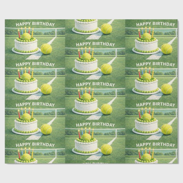 Papier Cadeau Balle de tennis avec joyeux anniversaire et gâteau (Plat)