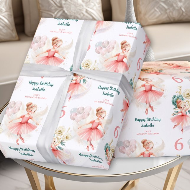 Papier Cadeau Ballerina Blond Girl Anniversaire Rose Nom personn (Ballerina Blond Girl Birthday Pink Custom Name Wrapping Paper)