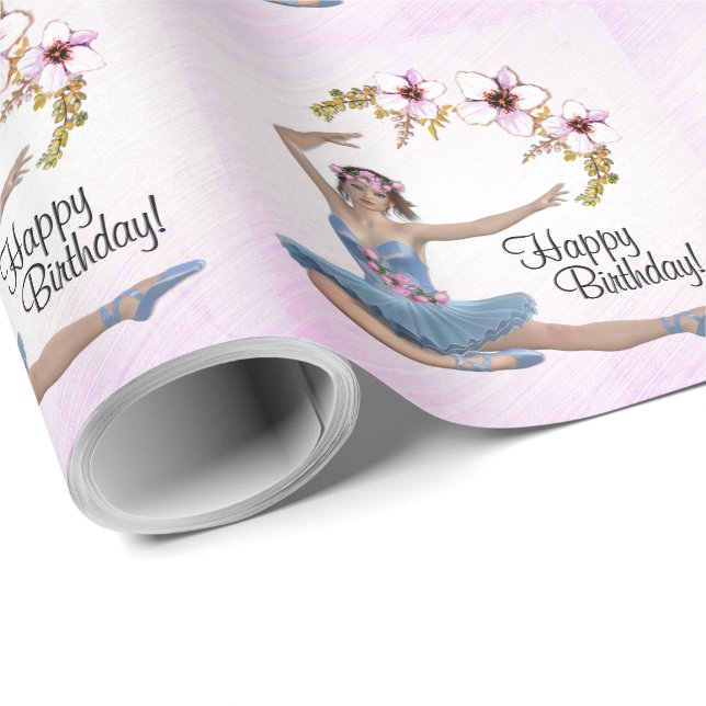 Papier Cadeau Ballerina en bleu sur rose Personnaliser Anniversa (Coin rond)