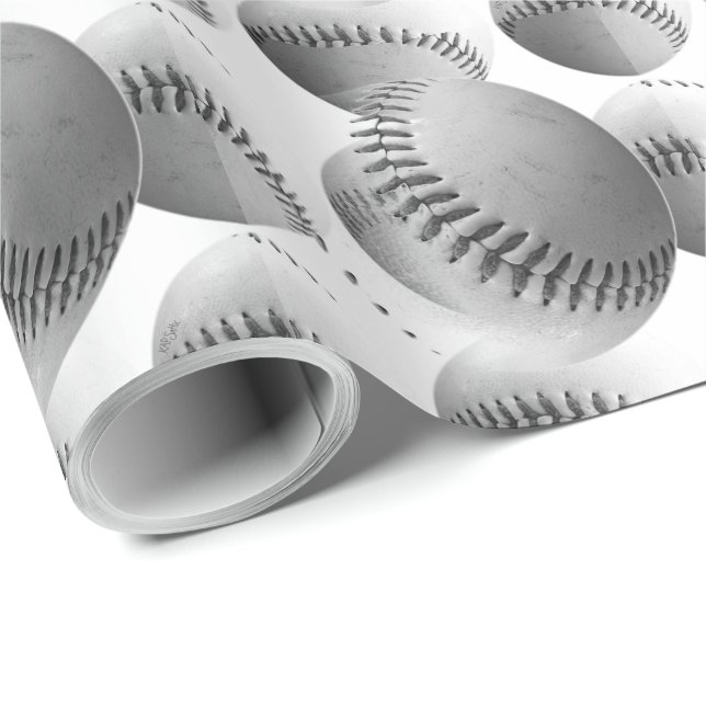 Papier Cadeau Balles de baseball 3D (noir et blanc) (Coin rond)