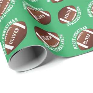 Papier Cadeau Balles de Football Américain Nom Vert Noël 
