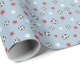 Papier Cadeau Balles de football de Noël Rouge Bleu Étoiles