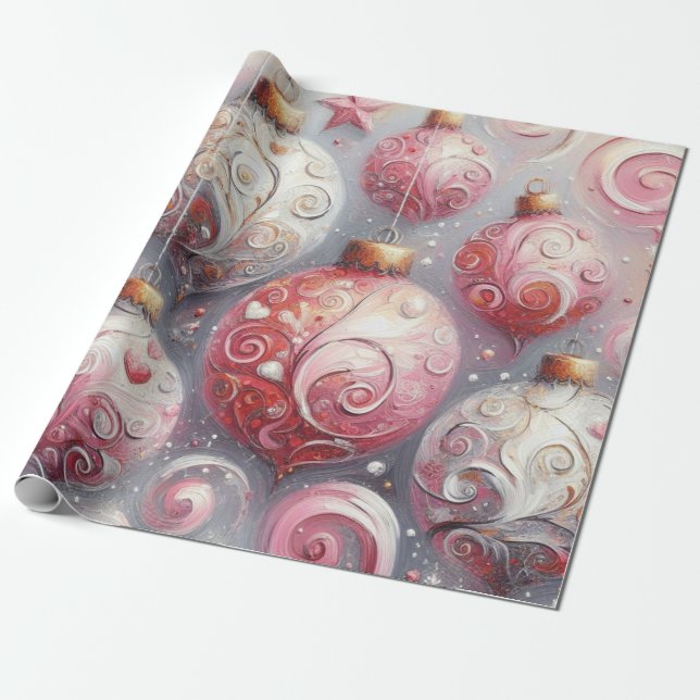 Papier Cadeau Balles de Noël Tourbillon rose blanc gris (Déroulé)