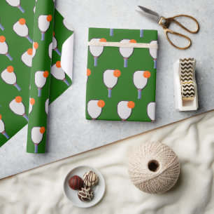 Papier Cadeau Balles de pickleball et raquettes orange sur fond