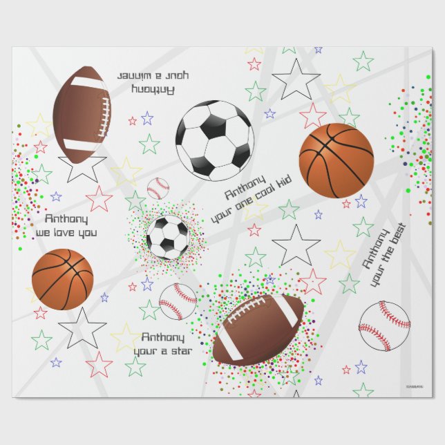 Papier Cadeau Balles de sport avec étoiles - Enveloppement cadea (Plat)