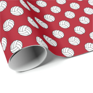 Papier Cadeau Balles de volley-ball noir et blanc sur fond rouge