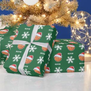 Papier Cadeau Ballon de Basketball avec Chapeau de Santa Rouge F