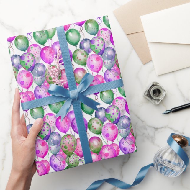 Papier Cadeau Ballons Aquarelle Vibrants Rose Violet Vert (Cadeaux)