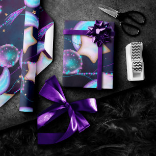 Papier Cadeau Ballons cosmiques   Blue Purple Moon Stars Planète