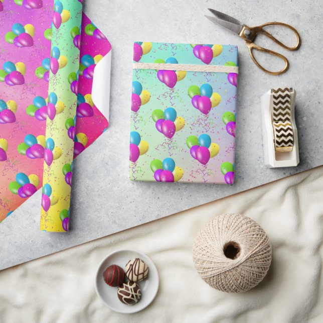 Papier Cadeau Ballons d'anniversaire avec Confetti sur arc-en-ci (Artisanat)