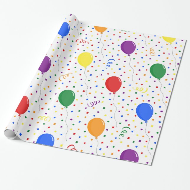Papier Cadeau Ballons d'anniversaire confetti arc-en-ciel (Déroulé)