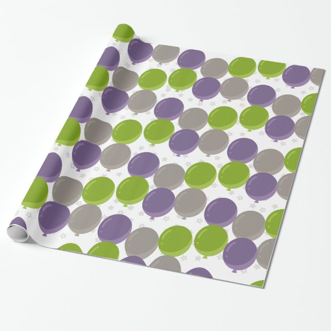 Papier Cadeau Ballons d'anniversaire violets, verts et gris (Déroulé)