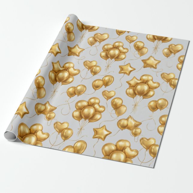 Papier Cadeau Ballons de Célébration Dorés Motif (Déroulé)
