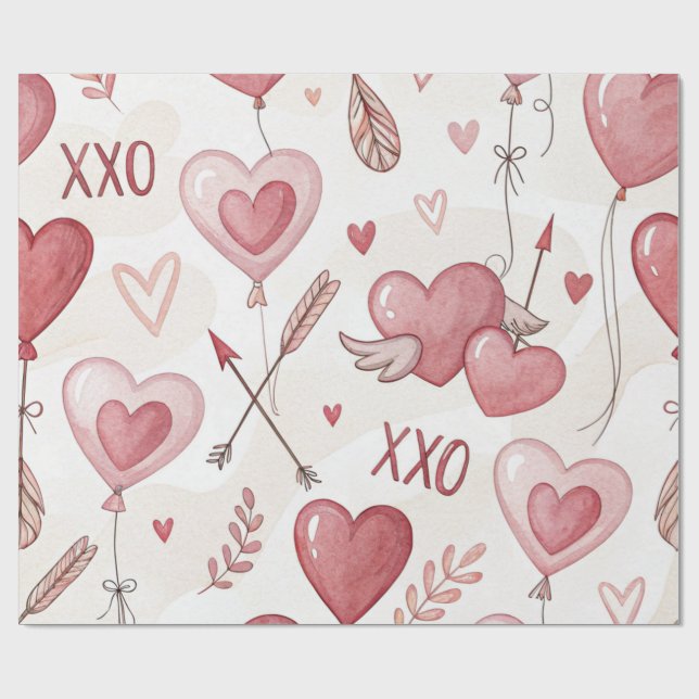 Papier Cadeau Ballons de coeur Jouer XOXO Valentine (Plat)