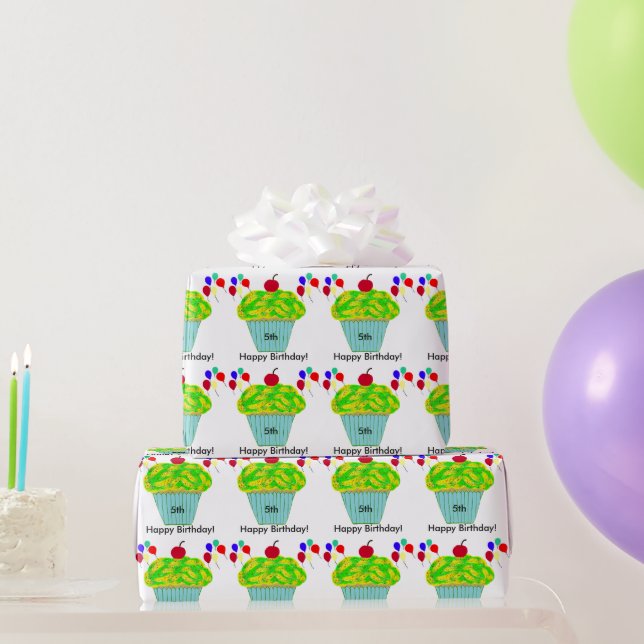 Papier Cadeau Ballons de fête d'anniversaire Jaune Vert Cupcake (Cadeaux de fête)
