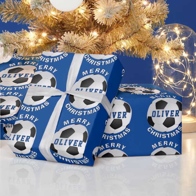 Papier Cadeau Ballons de Football Bleu Enfants Nom Noël (Vacances)