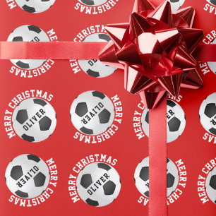Papier Cadeau Ballons de Football Enfants Nom Rouge Noël