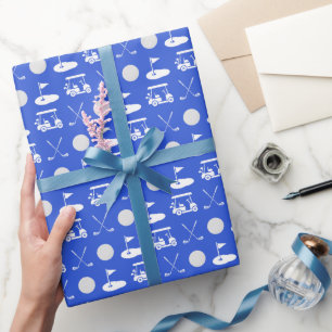 Papier Cadeau Ballons de golf bleu et blanc, chariots et clubs