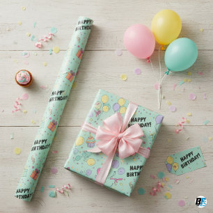 Papier Cadeau Ballons Pastels & Cupcakes Joyeux Anniversaire