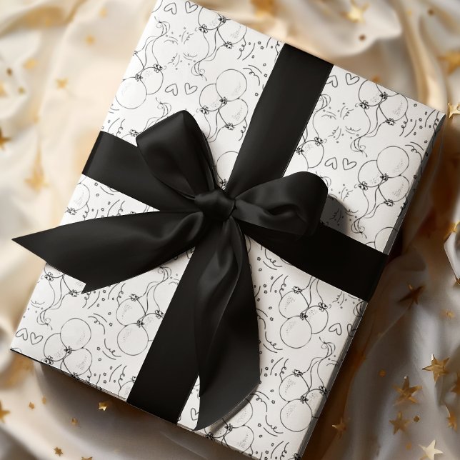 Papier Cadeau Balloon & Coeurs Retro Doodle Joyeux Anniversaire (Créateur téléchargé)