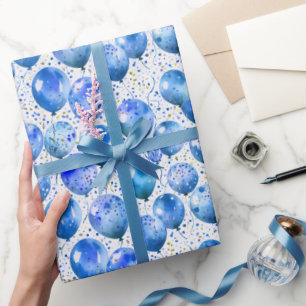 Papier Cadeau Balloons Aquarelles Bleus et Confettis pour l'anni