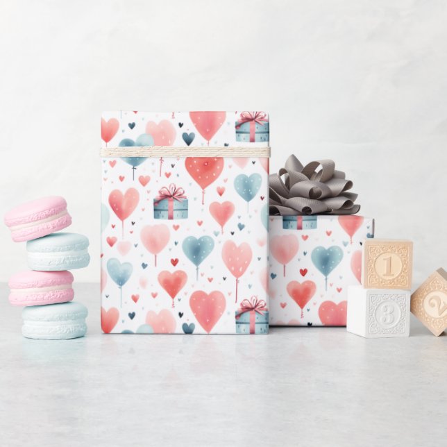 Papier Cadeau Balloons et cadeaux de coeur romantique Motif d'aq (Baby Shower)