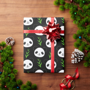 Papier Cadeau Bambou Motif Kawaii Panda En Blanc Noir