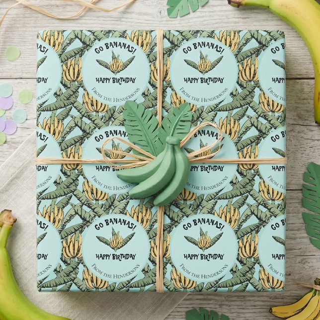 Papier Cadeau Banane Turquoise Fantaisiste (Tropical banana leaves and banana fruit illustrated pattern hand-drawn in black ink on turquoise.)