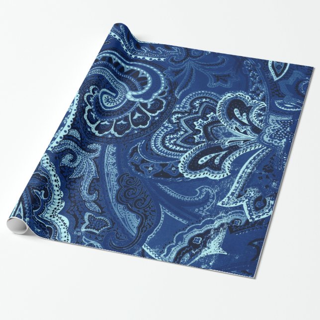 Papier Cadeau Bandanna/Bandana de Paisley de bleu marine rétro (Déroulé)