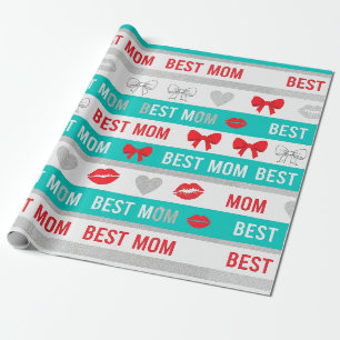 Papier Cadeau Bande dessinée rétro Meilleure maman cœurs lèvres