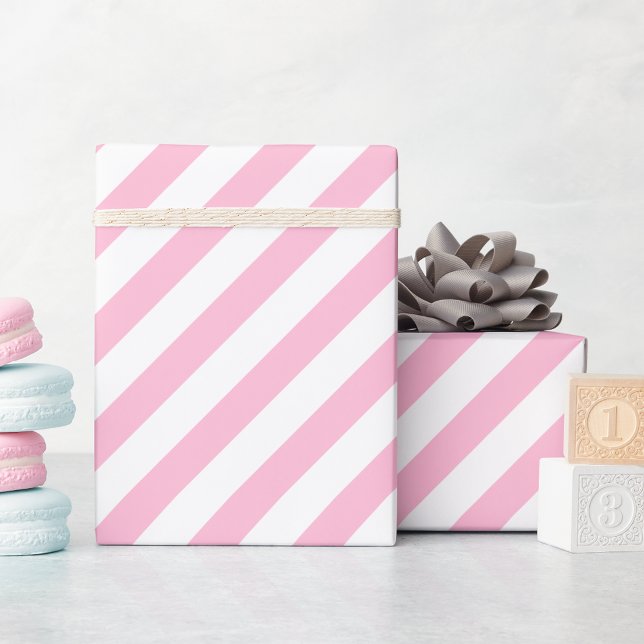 Papier Cadeau Bandes blanches roses dorure texte Noël Anniversai (Pink White Stripes Gold Text Christmas Birthday Wrapping Paper)