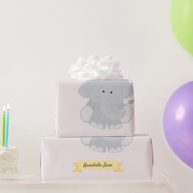 Papier Cadeau Bandes Chevron Eléphant personnalisées avec nom et (Cadeaux de fête)
