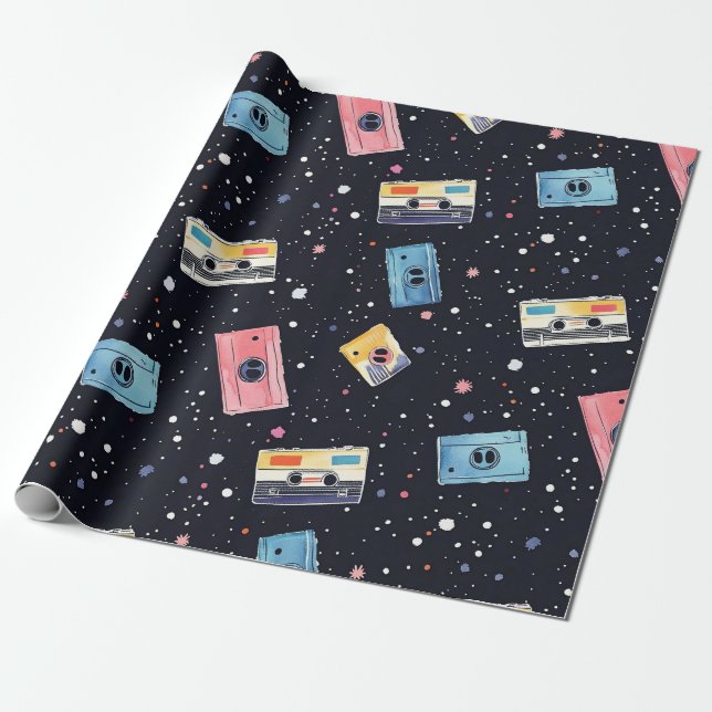Papier Cadeau Bandes de cassettes rétro dans l'espace cosmique (Déroulé)
