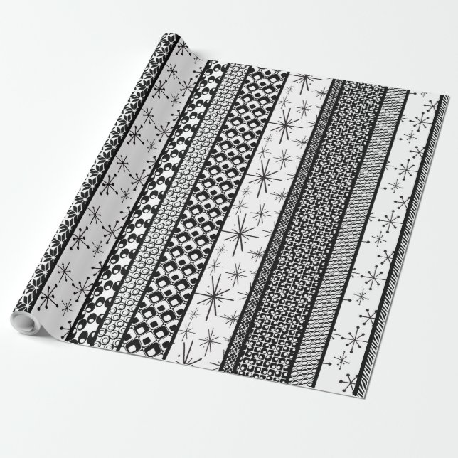 Papier Cadeau Bandes de Motifs rétro noir et blanc 1 (Déroulé)
