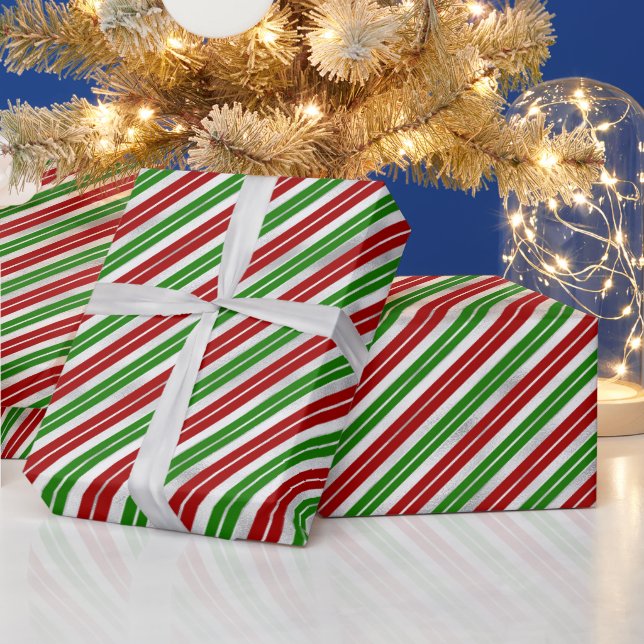 Papier Cadeau Bandes de Noël rouge, vert et argent (Vacances)