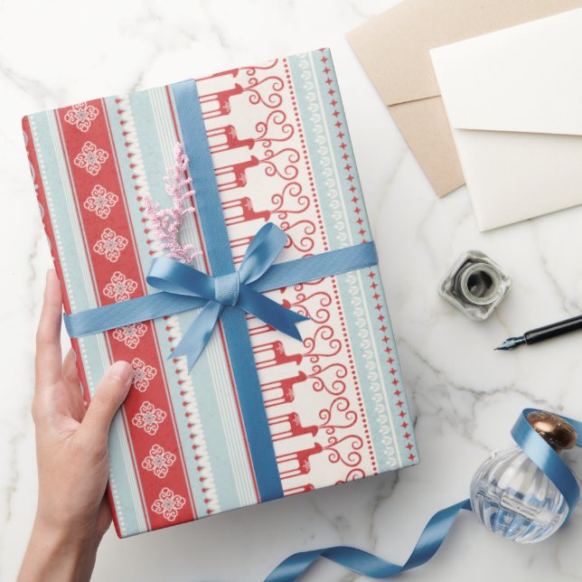 Papier Cadeau Bandes de rennes rouges turquoise de Noël (Cadeaux)