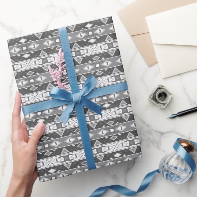 Papier Cadeau Bandes et formes géométriques gris blanc (Cadeaux)