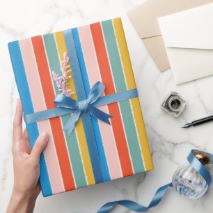 Papier Cadeau Bandes festives colorées bleues rouges roses