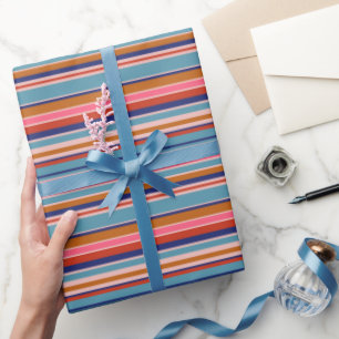 Papier Cadeau Bandes horizontales bleu rose terre cuite rétro