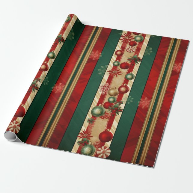 Papier Cadeau Bandes Vertes Or Rouge Moderne (Déroulé)