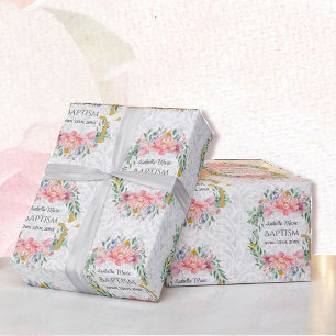Papier Cadeau Baptême Ajouter Nom & Date Cross Dove Flowers