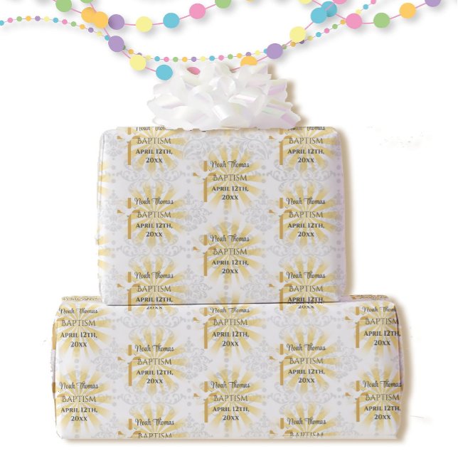 Papier Cadeau Baptême Ajouter Nom & Date Cross Dove White Damask (Créateur téléchargé)