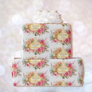 Papier Cadeau Baptême Ajouter un nom - Croix avec vaporisateur d