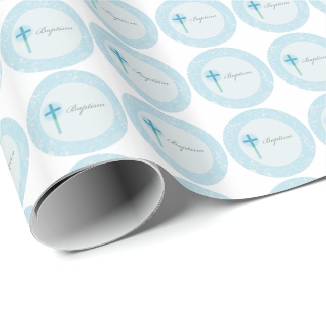 Papier Cadeau Baptême de garçon au dentelle bleue (Coin rond)