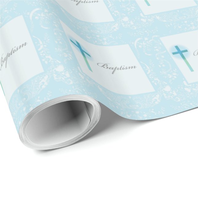 Papier Cadeau Baptême de garçon au dentelle bleue (Coin rond)
