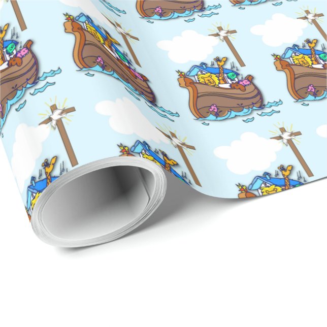 Papier Cadeau Baptême de l'Arche de Noé, Garçon Bleu (Coin rond)